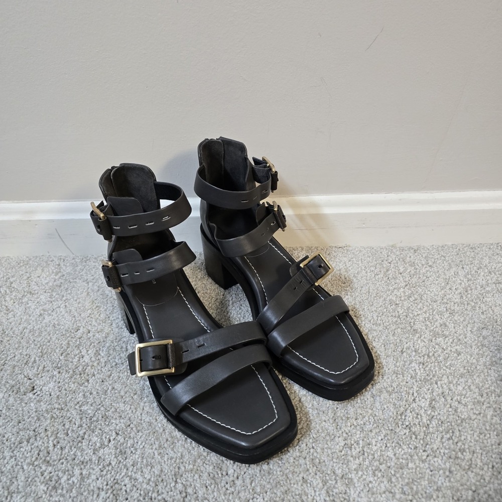 Rag & Bone Fallon Metal Gray Leather Block Heel Straps Sandals Sz 38.5 US 8.5